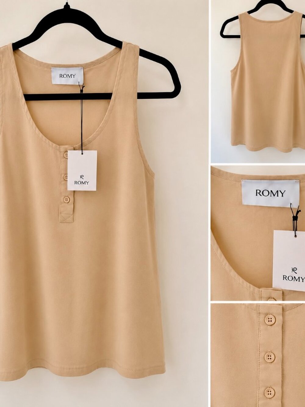 ROMY Beige Henley Tank Top Size Neutral Sleeveless Blouse Size M NWT